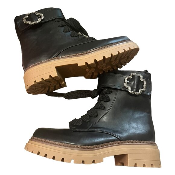 NEW SAM & LIBBY SAMANTHA COMBAT BOOT BLACK WOMENS 9 BLING BUCKLE BOOTIES ANKLE - Picture 2 of 6